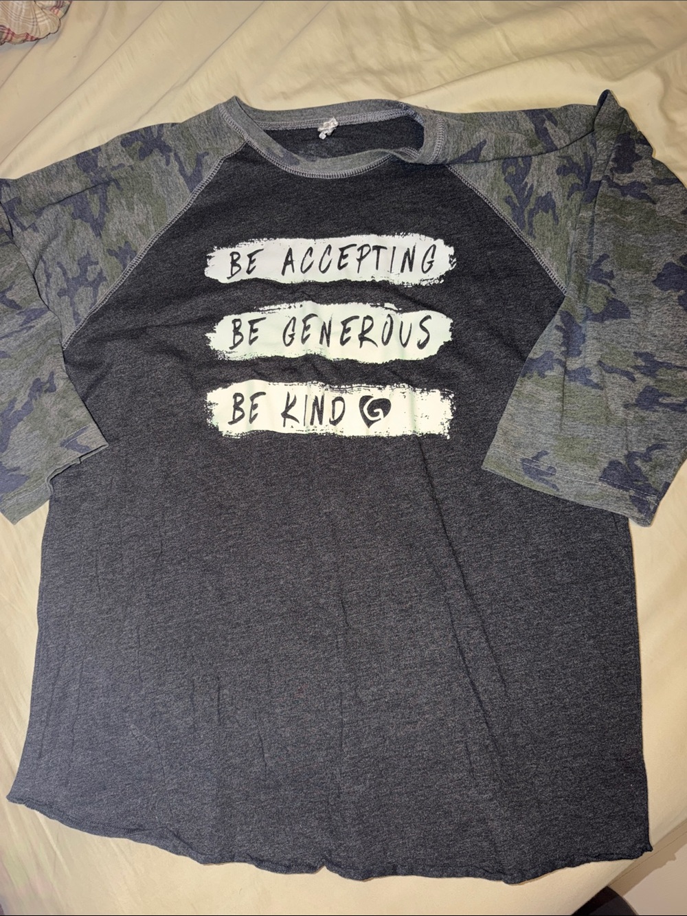 Be Accepting Be Generous Be Kind Gray Camo Raglan Tee